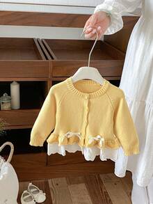 Girls' Soft Knit Cardigan, Light Pink Patchwork Ruffle Lace Round Neck Versatile Long Sleeve Outerwear Top - Yellow - View 2