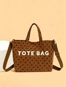 New Women's Tote Bag, Ribbed Material, Polka Dot Pattern, Detachable Shoulder Strap, Multiple Carrying Ways (Shoulder, Crossbody, Handheld), Large Capacity Interior With Two Pockets - Brown - View 10