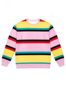 Women's Dopamine Rainbow Striped Knit Crew Neck Sweatshirt, Casual Loose Drop Shoulder Long Sleeve Top - Pink - View 4