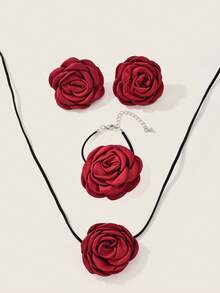 Valisandre 4pcs Set Women's Vintage Gothic Black Rose Flower Choker Necklace, Satin Rose Rope Necklace, Bracelet & Earrings Jewelry Set - Burgundy - View 2