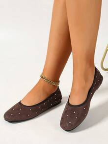 Women's Flat Shoes Comfortable Elegant Brown Rhinestone Ballet Shoes - Brown - View 3