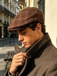 1pc Men's Vintage Plaid Wool Newsboy Cap, Fashionable Artistic Painter Newsboy Hat, Suitable For Daily Street Wear - Vintage Plaid - View 2