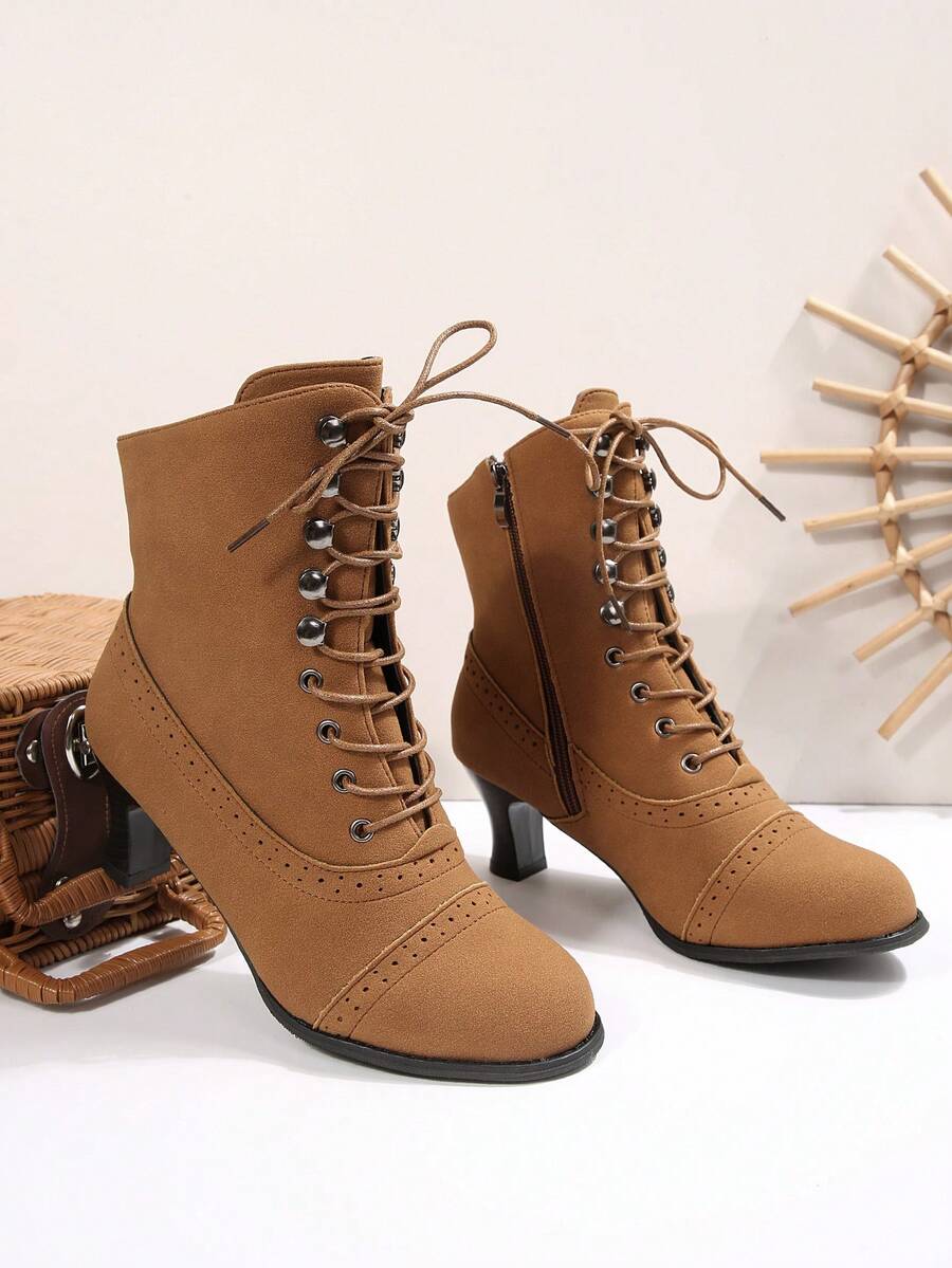 Women's Fashion Boots, Breathable Rivet Chunky Heel Lace-Up Side Zipper Motorcycle Boots