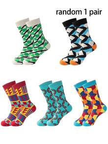 1/3/5 Pairs Vintage Geometric Pattern Mid-Calf Socks, Men's Color-Block Mid-Calf Socks - Multicolor - View 8