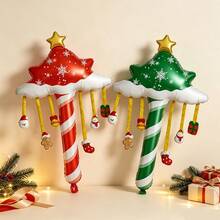 Christmas Handheld Candy Cane Star Tree Foil Balloon Set, 2pcs, With Hanging Santa Claus, Snowman, Gingerbread Man Ornaments, Suitable For Christmas Party, Home Decor, Children's Gift Shop Window Background Decoration - Christmas Handheld Wand - View 2