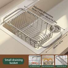 1pc Expandable Rustproof Stainless Steel Over Sink Dish Drainer Basket, Adjustable Telescopic Kitchen Sink Storage Rack, Dish Drying Holder For Plates, Bowls, Chopsticks & Tableware, Space Saving Kitchen Counter Organizer Home Gadget - Multicolor - View 13