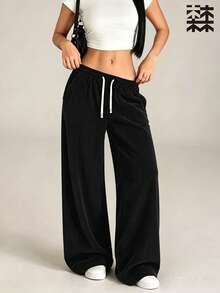 mulinsen Women's Sports Sweatpants, Vertical Textured Drawstring Loose Fit, Fitness Running Casual Everyday - Black - View 7