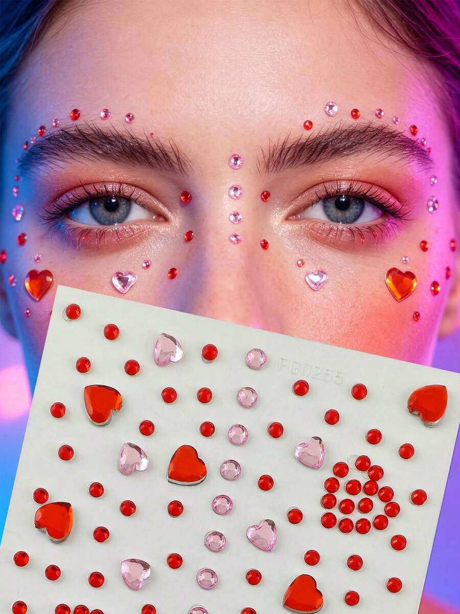 1pc Red Heart & Star Face Rhinestone Sticker, Self-Adhesive Face & Body Rhinestones, Red & Pink Heart Makeup Glitter, Suitable For EDM Festival, Halloween Cosplay, Party DIY Decoration