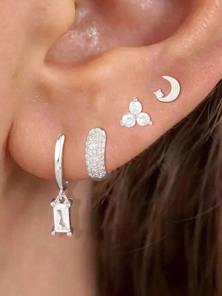 Bộ 4 đôi bông tai khoen hình học thời trang cho nữ, thép không gỉ, mặt trăng đính zirconia, bông tai nụ, không gây dị ứng, trang sức phong cách thẩm mỹ - 4 chiếc - Màu bạc - Xem 1