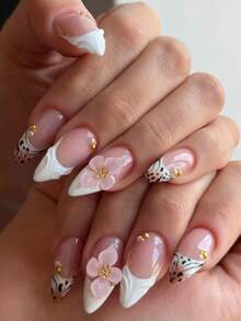 Fall/Winter Collection24 Pieces Of Almond-Shaped Press-On Artificial Nails, Featuring A White Leopard Print French 3D Three-Dimensional Sweet Flower With Steel Bead And Pearl Design, Containing 1 Piece Of Jelly Glue + 1 Scraper Bar - Multicolor - View 1