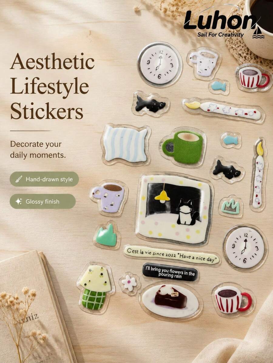 1 Set Decorative Stickers, Phone Stickers, Comfortable Daily Life Illustration Pattern, Casual Home Style Cat Coffee Cake Pattern Stickers, Suitable For Adults, Applicable To Laptop, Camera, Phone Case, Water Cup, Gift Card, Smooth Accessory Surface Decoration
