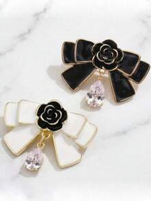 2pcs/Set French Camellia Flower & Bow Brooch, Black & White Crystal Teardrop Lapel Pin, Luxury Elegant Suit Accessory - Black+White - View 5