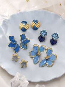 5 Pairs Vintage Multicolor Earrings Set, Gold-Trimmed Floral & Geometric Stud Earrings For Women - Multicolor - View 2