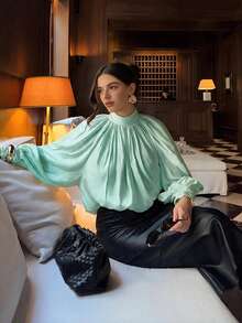 2026秋冬女款高領百褶法庭風杏色寬鬆襯衫，休閒日常上衣，約會與街頭穿搭襯衫 - 薄荷綠 - 查看 3