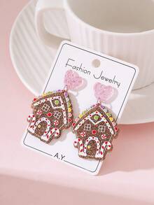 1對聖誕閃亮彩色薑餅屋愛心設計時尚耳環，適合女性，適用於節日派對穿著與送禮 - 彩色 - 查看 1