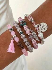4pcs Angel Wing Pendant Tassel Multi-Layer Stackable Bracelet Set, Vintage Beaded Women's Atmospheric Jewelry - Pink - View 2