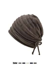 1pc Women's Autumn/Winter Drawstring Knit Beanie Hat, Slouchy Knit Cap, Unisex Loose Large Head Circumference Fashion Cold Weather Hat - Multicolor - View 9