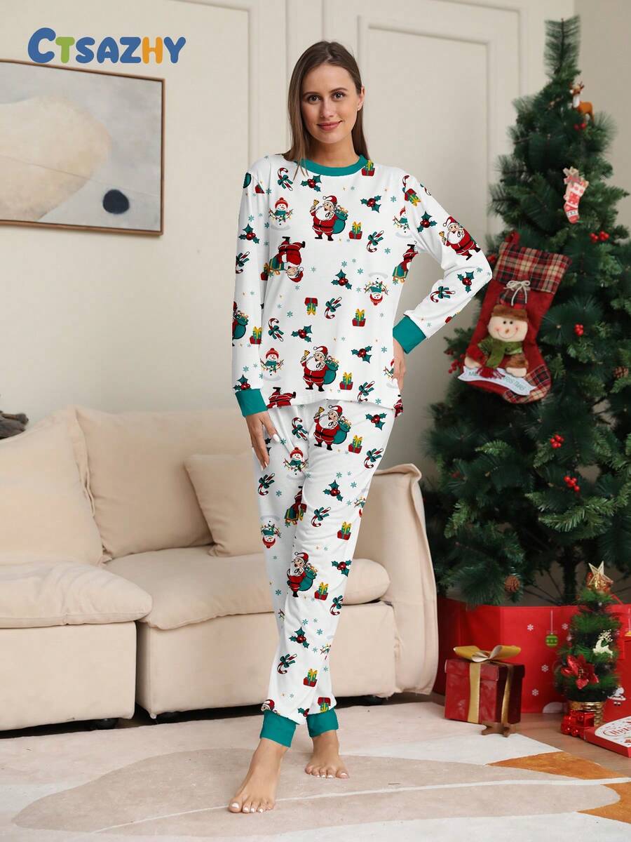 Women's Christmas Pajama Set 2pcs, Santa Claus Gift & Holly Berry All-Over Print Top And Matching All-Over Print Pants, Holiday Loungewear Set - Multicolor - View 1