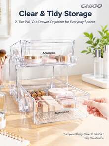 CHIGO Kệ lưu trữ ngăn kéo 2 tầng, thân hộp acrylic trong suốt với khung kim loại chắc chắn, 2 ngăn kéo kéo ra + vách ngăn tháo rời, lắp đặt không cần khoan, đặt trực tiếp để sử dụng. Tận dụng hiệu quả không gian theo chiều dọc, giải quyết sự bừa bộn trong tủ và trên mặt bàn, phù hợp cho nhà bếp, phòng tắm, bàn trang điểm và nhiều nơi khác, sắp xếp gọn gàng và dễ dàng truy cập - Màu trong suốt - Xem 2