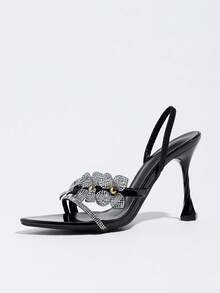 Women's High Heel Sandals With Shiny 3D Rhinestone Floral Design, Thin Rhinestone Straps, Elegant Comfortable Back Strap, Thin High Spiral Architectural Heel, Pointed Toe Open Toe, Shiny Black Mirror Finish, Suitable For All Seasons, Wedding, Party, Evening Gala, Formal Dress, Stage Show, Date, Gift, Vacation Outfit, Charming And Alluring - Black - View 4
