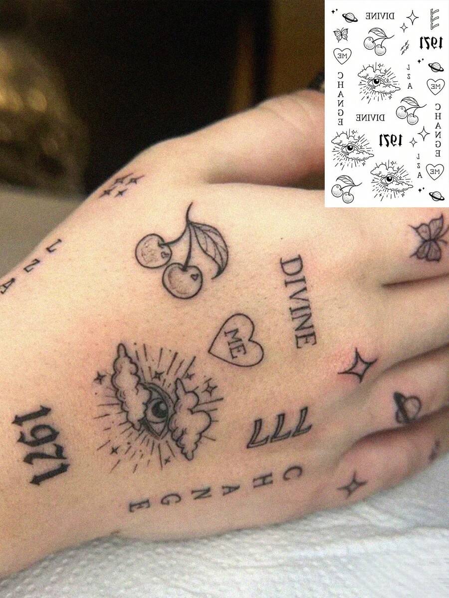 1 Sheet Mixed Mini Hand Temporary Tattoo Stickers, Y2K Vintage Small Fake Tattoos, Cherry Evil Eye Heart Letter Number Pattern, Waterproof Body Art For Fingers Hand Decor For Women - Black - View 1