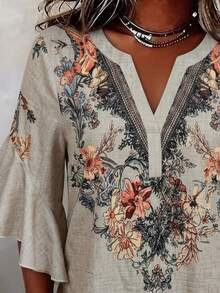 Plus Size Elegant Women's Notch Collar Floral Print Blouse, Long Ruffle Sleeve Woven Top, Loose Fit Casual Wear For Spring & Autumn - Khaki - View 4