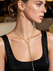 3pcs/Set Minimalist Basic Gold Y-Shaped Long Pendant Necklace & Spiral Stud Earrings Business Office Jewelry Set - Gold - View 2