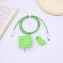 4件組適用於Apple 20W插頭保護套，線材收納器，線材纏繞帶，純色極簡設計，不含數據線與充電器 - 綠色恐龍 - 查看 3
