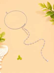 1pc Bridal Round Rhinestone Choker Necklace + Long Pearl Back Drop Necklace Design, Backless Wedding Dress Jewelry - Rhinestone - View 11