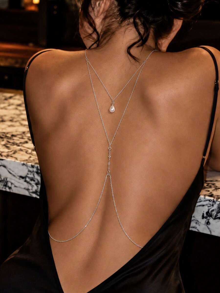 1pc Minimalist Back Drop Necklace, Simple Water Drop Pearl Long Body Accessory, Formal Nightclub Outfit Jewelry, Backless Evening Gown Accessory - Rhinestone - View 1