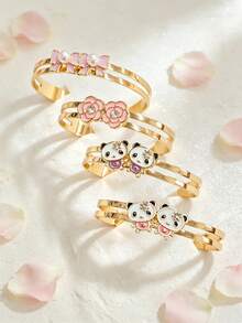 Set 4 Gelang Gaya Manis dan Segar, Set Gelang Sahabat Baik, Panda, Mutiara, Pita, Bunga, Berbagai Desain, Dapat Ditumpuk, Gaya Campur & Padu, Hadiah untuk Kakak Beradik untuk Dipakai Bersama - Emas - View 1