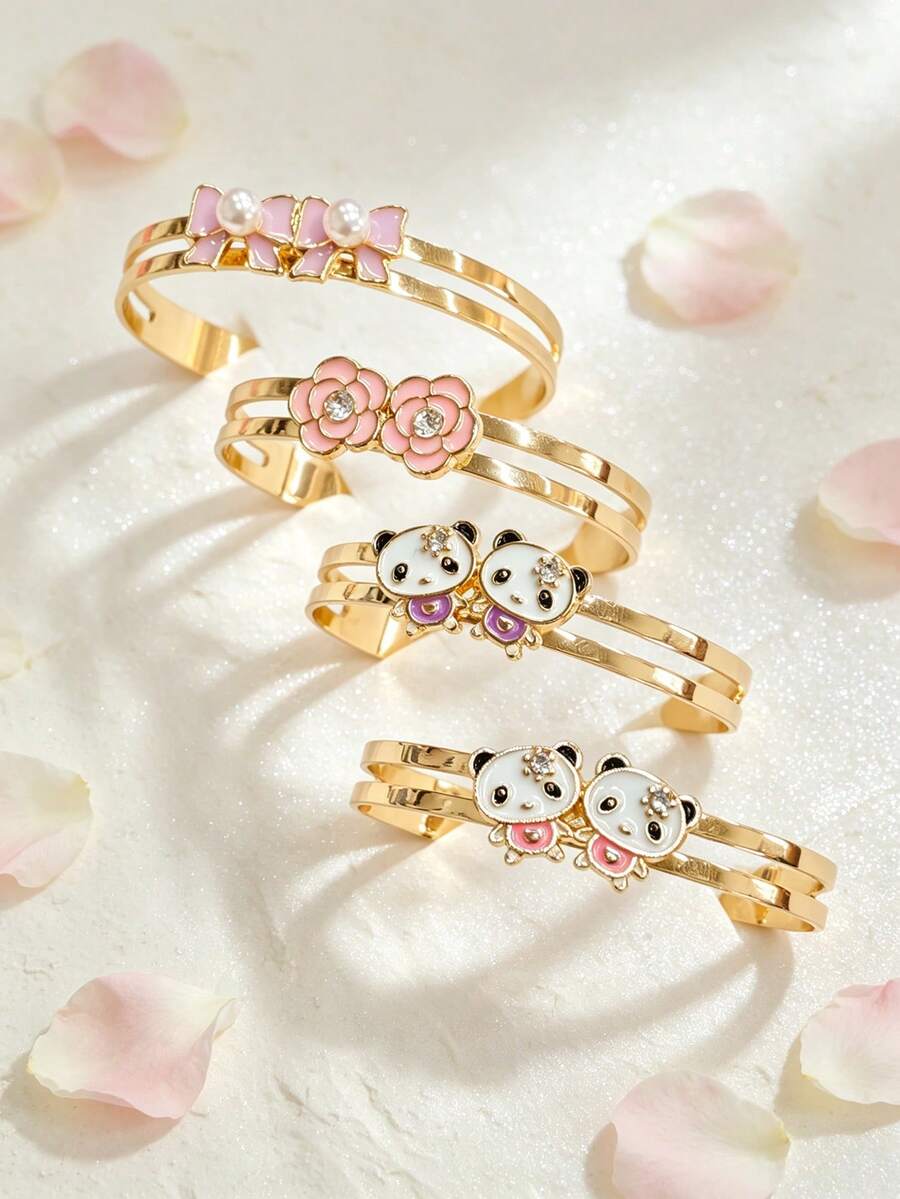 Set 4 Gelang Gaya Manis dan Segar, Set Gelang Sahabat Baik, Panda, Mutiara, Pita, Bunga, Berbagai Desain, Dapat Ditumpuk, Gaya Campur & Padu, Hadiah untuk Kakak Beradik untuk Dipakai Bersama - Emas - View 1