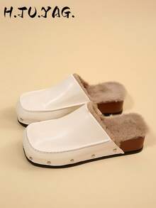 Women's New Autumn/Winter Flat French Vintage Versatile Slip-On Shoes, Soft Sole With Thermal Lined, Square Toe Slide Sandals For Commuting, Casual And Beach Wear - Beige - View 2
