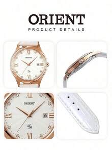 Orient Jam Tangan Wanita Quartz Tiga Jarum Warna Rose Gold dengan Jendela Tanggal Tunggal, Tali Kulit Embossing Buaya Putih, Jam Tangan Minimalis Mewah untuk Harian Wanita - Putih - View 6