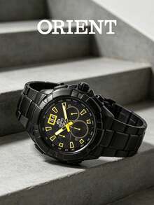 Orient Men's All-Black IP Plated Chronograph Quartz Watch, Racing Style Black & Yellow Contrast Dial, Speedometer Scale, Large Dual Window Date, Durable Sports Watch - Black - View 4