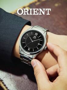 Orient Men's All‑Steel Round Automatic Watch Dual‑Texture Black Dial Roman‑Numeral Accents Date‑Window Daily‑Utility Business‑Casual Mechanical Watch - Black - View 1