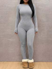 GLAMSKIN Fall Ribbed Knit Jumpsuit,Women Crew Neck Long Sleeve Full Length Bodycon High Stretch Slim Fit Solid Casual Outfit,Casual Streetwear - Floral Gray - View 11