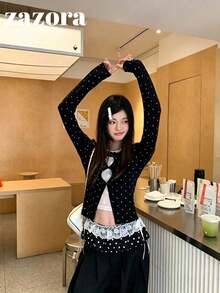 Black & White Polka Dot 2 In 1 Long Sleeve T-Shirt, Slim Fit Inner Layer With Lace Patchwork Design Top - Black and White - View 9
