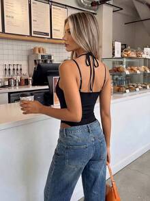 Women's All-Season Black Spaghetti Strap Spaghetti Strap Eyelash Lace Patchwork Fitted Sexy Streetwear Bodysuit - Black - View 3