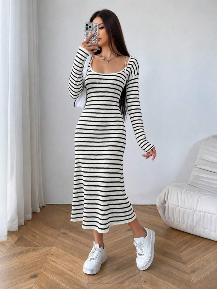 Jotten Vintage Black & White Striped Hollow Knit Long Sleeve Dress For ...
