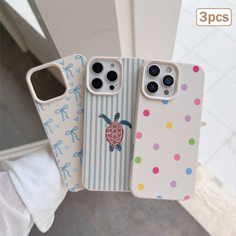 3件裝波點愛心條紋元素 TPU 防震全包覆精準保護殼,適用於 Apple 11/12/13/14/15/16/17 Pro Max - 彩色 - 查看 1
