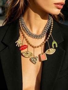 Mixed Metal Layered Charm Necklace Evil Eye Hamsa Lips Pendant - Evil Eye Necklace - View 2
