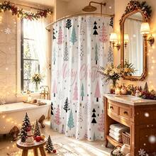 1pc Christmas Tree Letter Shower Curtain, Vintage Design, Waterproof Bath Curtain, Suitable For Bathtub Partition, Bathroom Decor And Bathroom Accessories, Home Decor Gift, Comes With 12 Hooks - Multicolor - View 2