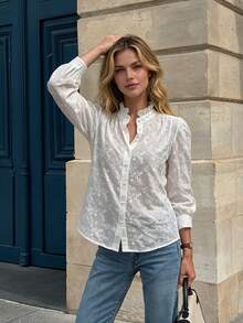 Full Floral Embroidery Lace Small Stand Collar Lantern Sleeve Pearl Button Design Commuter Casual Daily Vacation Wear Blouse - White - View 4