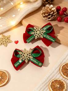 2PCS Christmas Bows For Girls Golden Glitter Snowflake Decor Alligator Clips Holiday Party Daily Hair Clips Kids Hair Accessories - Multicolor - View 2