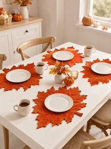 1/4/6PCS Orange Maple Leaf Linen Placemats, Rustic Autumn Leaf Shaped Table Mats, Farmhouse Heat Resistant Dining Place Mats For Thanksgiving Table Decor, Fall Kitchen Dining Room Party And Seasonal Home Decoration - Multicolor - View 6