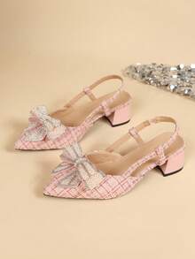 Spring/Summer New Elegant Pink Women's Slingback Sandals, Pointed Toe, Chunky Heel, Pearl & Rhinestone Bow Decor, Versatile Commute & Date Shoes - Pink - View 6