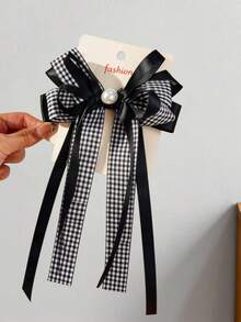 1件女童休閒百搭學院風藍色格紋蝴蝶結緞帶半紮馬尾髮夾，適合學校與日常配戴 - 黑色 - 查看 7