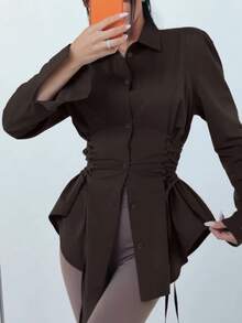 Blus Lengan Panjang Berkerah Elegan untuk Wanita, Desain Ikat Pinggang Silang, Kancing Depan Warna Polos dengan Tali Silang, Serbaguna untuk Pakaian Sehari-hari dan Kencan - Cokelat - View 10