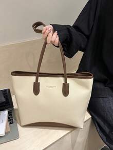 大容量 PU 肩背手提包，荔枝紋女款包，時尚歐美通勤托特包，開學大容量包 - 米色 - 查看 7
